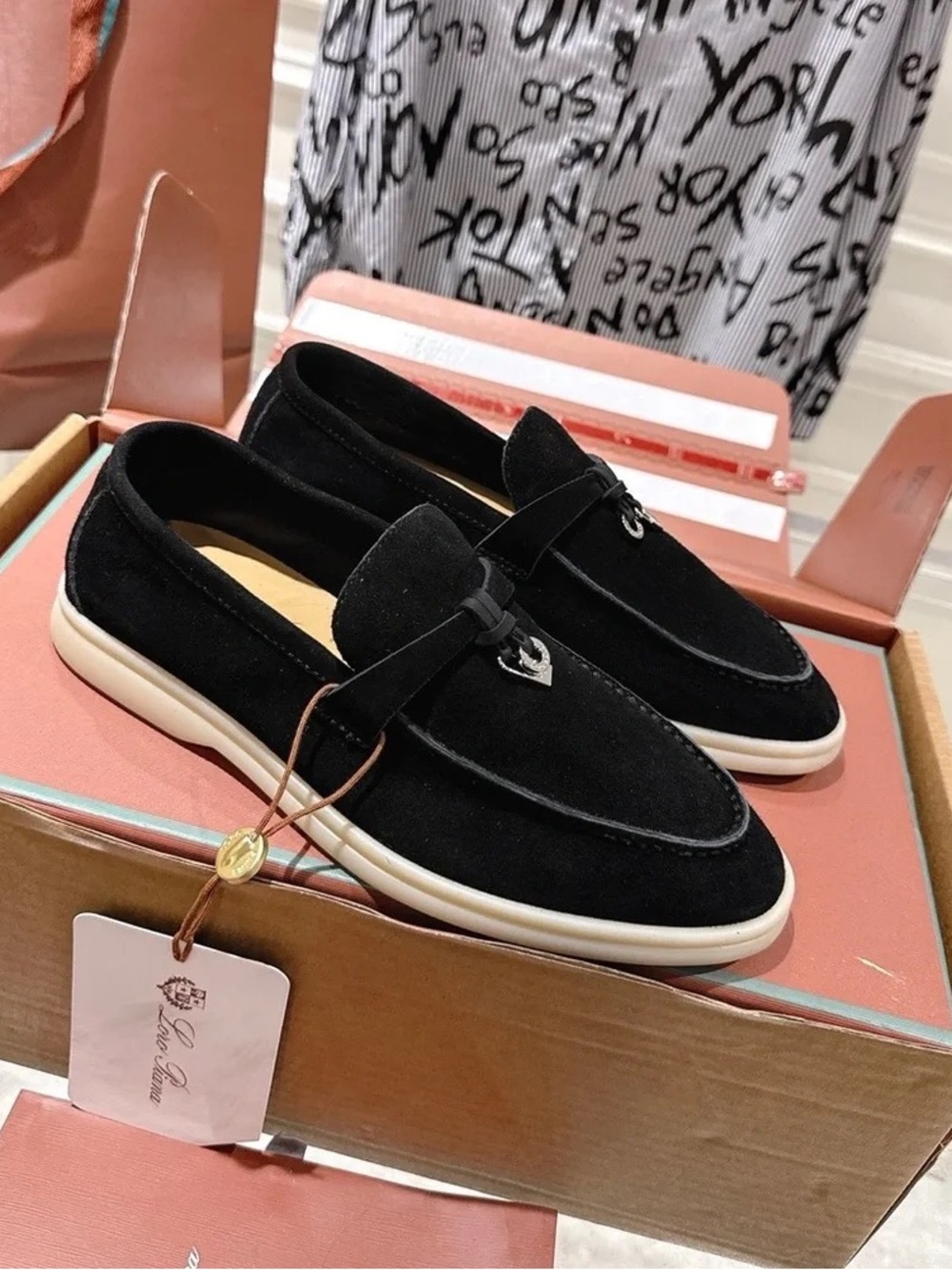 Loro Piana Black Suede Loafers with Off-White Sole